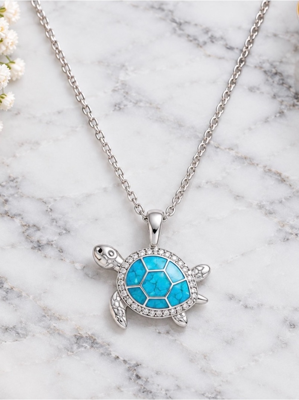 Silver Tone Turtle Pendant Necklace with Blue Inlay Shell